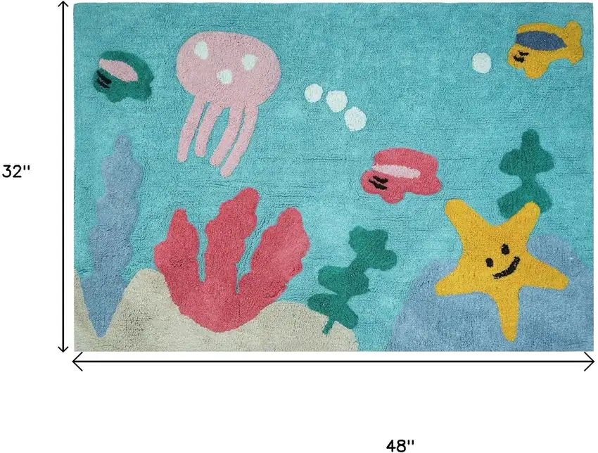 Aqua Yellow And Coral Starfish Youthful Washable Area Rug Photo 7