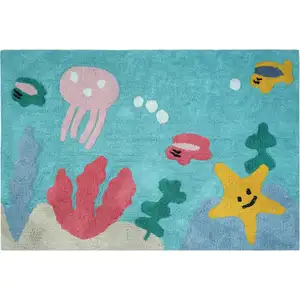 Photo of Aqua Yellow And Coral Starfish Youthful Washable Area Rug