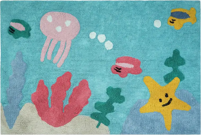 Aqua Yellow And Coral Starfish Youthful Washable Area Rug Photo 1