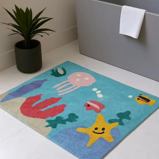 Aqua Yellow And Coral Starfish Youthful Washable Area Rug Photo 2
