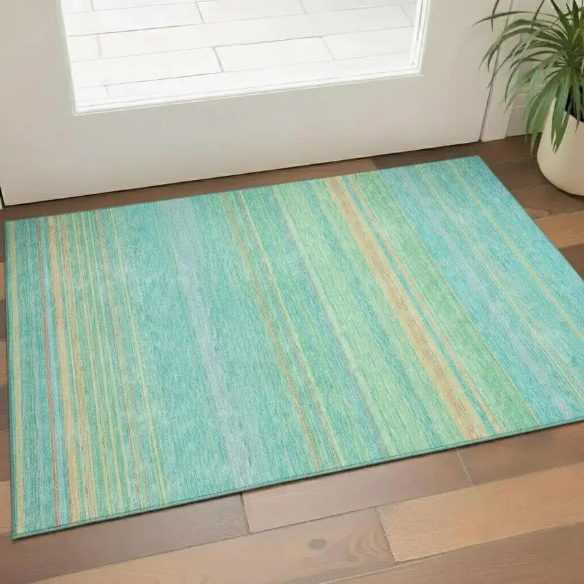 Aqua Yellow And Peach Striped Washable Area Rug With UV Protection Photo 2