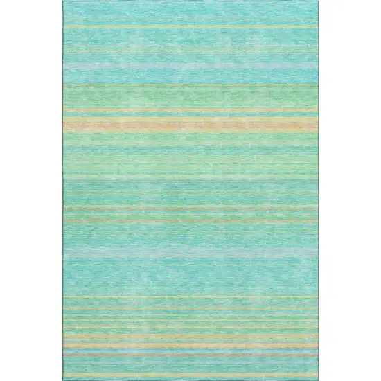 Aqua Yellow And Peach Striped Washable Area Rug With UV Protection Photo 1