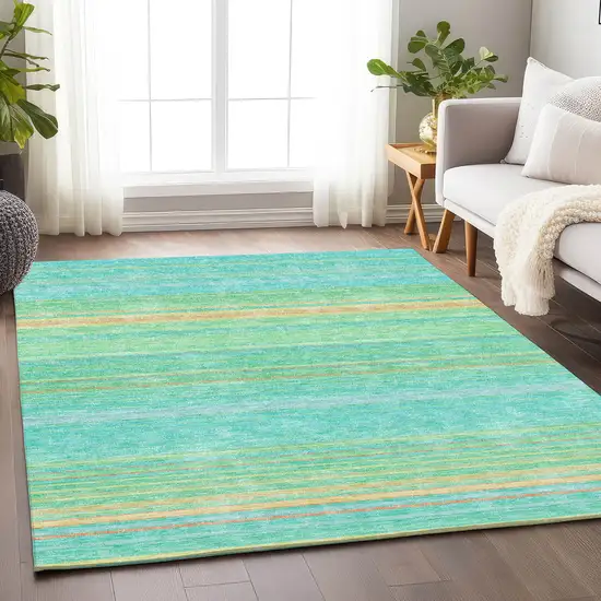 Aqua Yellow And Peach Striped Washable Area Rug With UV Protection Photo 4