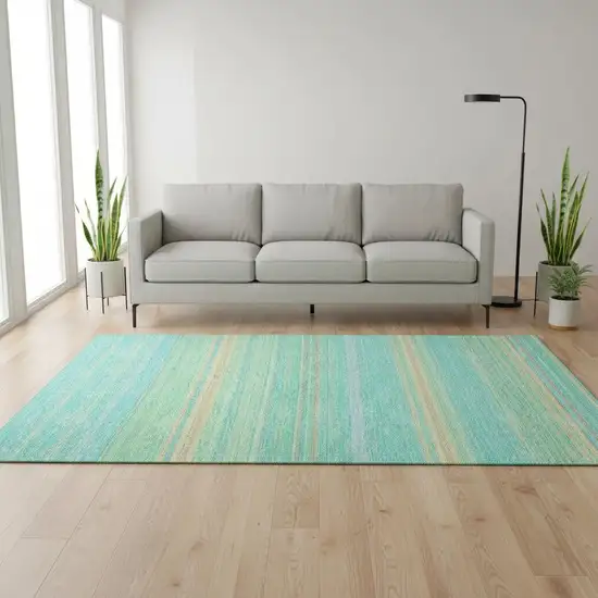 Aqua Yellow And Peach Striped Washable Area Rug With UV Protection Photo 2