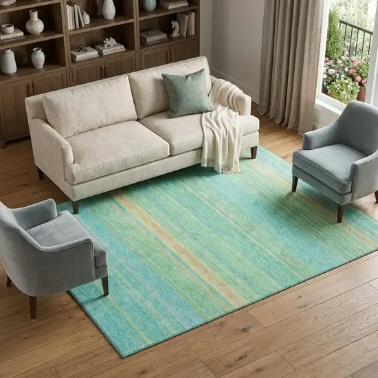 Aqua Yellow And Peach Striped Washable Area Rug With UV Protection Photo 1