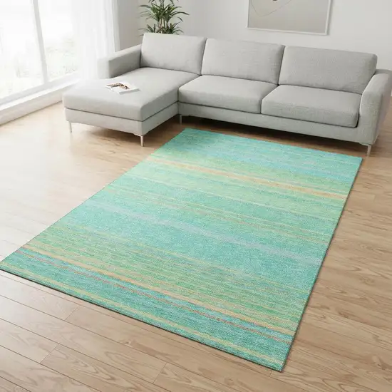 Aqua Yellow And Peach Striped Washable Area Rug With UV Protection Photo 2