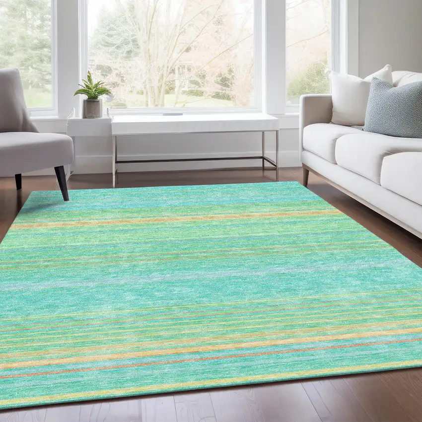 Aqua Yellow And Peach Striped Washable Area Rug With UV Protection Photo 5