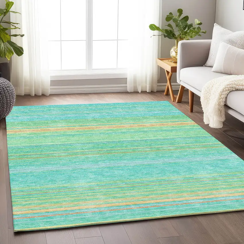 Aqua Yellow And Peach Striped Washable Area Rug With UV Protection Photo 4