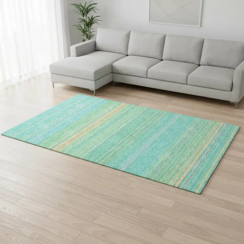 Aqua Yellow And Peach Striped Washable Area Rug With UV Protection Photo 2