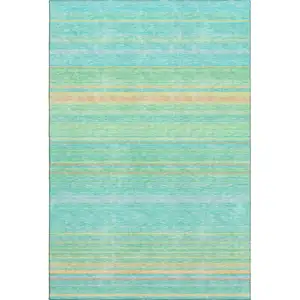 Photo of Aqua Yellow And Peach Striped Washable Area Rug With UV Protection