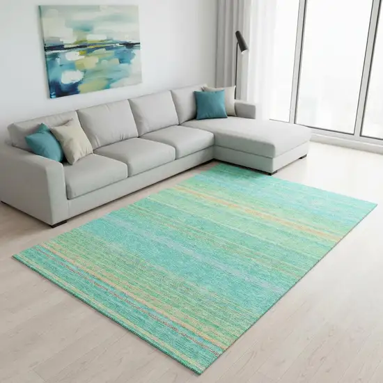 Aqua Yellow And Peach Striped Washable Area Rug With UV Protection Photo 2