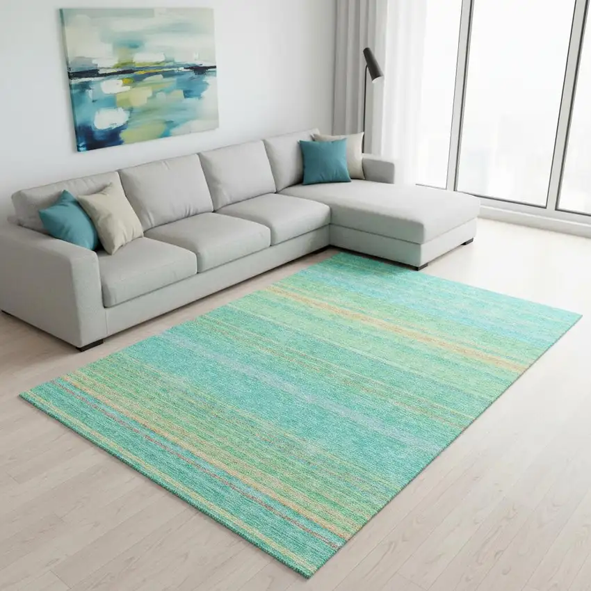 Aqua Yellow And Peach Striped Washable Area Rug With UV Protection Photo 2