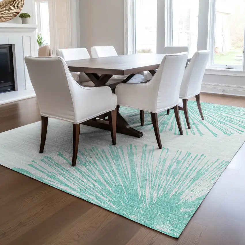 Aquamarine And Ivory Abstract Washable Indoor Outdoor Area Rug Photo 9