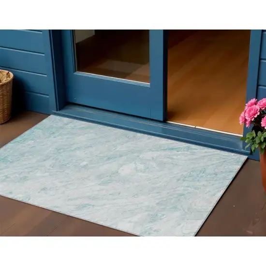 Aquamarine Aqua And Ivory Abstract Washable Indoor Outdoor Area Rug Photo 1