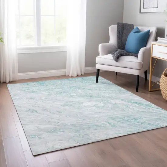 Aquamarine Aqua And Ivory Abstract Washable Indoor Outdoor Area Rug Photo 8