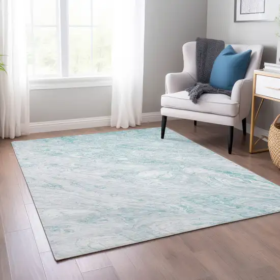 Aquamarine Aqua And Ivory Abstract Washable Indoor Outdoor Area Rug Photo 9