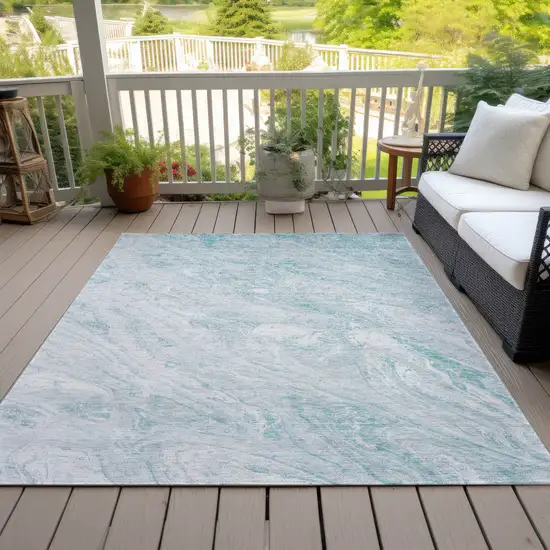 Aquamarine Aqua And Ivory Abstract Washable Indoor Outdoor Area Rug Photo 9