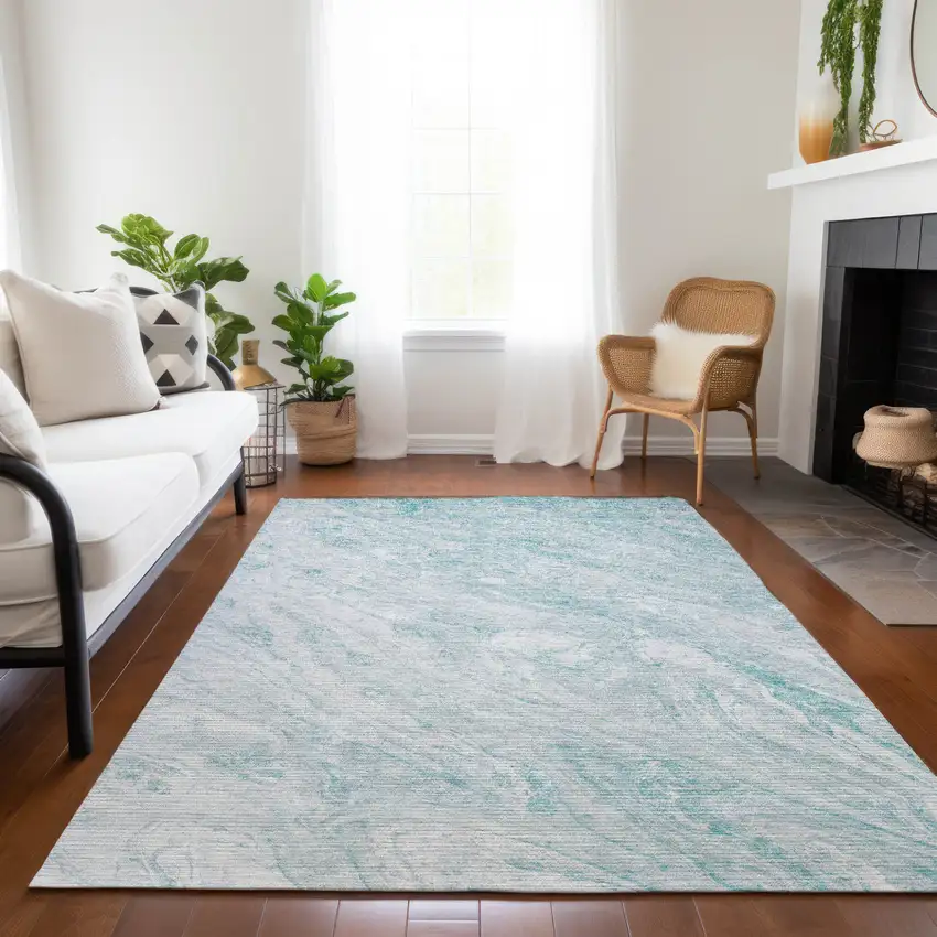 Aquamarine Aqua And Ivory Abstract Washable Indoor Outdoor Area Rug Photo 9