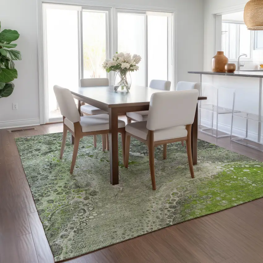 Artichoke Green And Ivory Abstract Washable Indoor Outdoor Area Rug Photo 8