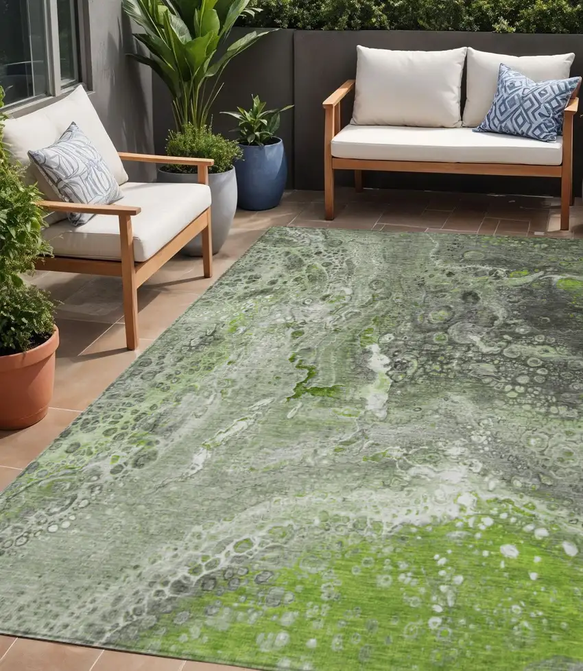 Artichoke Green Abstract Washable Non Skid Indoor Outdoor Area Rug Photo 1