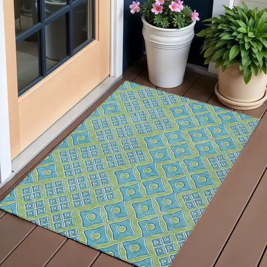 Artichoke Green And Aqua Geometric Washable Indoor Outdoor Area Rug Photo 1
