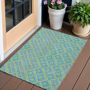 Photo of Artichoke Green And Aqua Geometric Washable Indoor Outdoor Area Rug