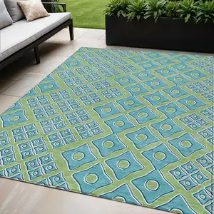 Photo of Artichoke Green And Aqua Geometric Washable Indoor Outdoor Area Rug