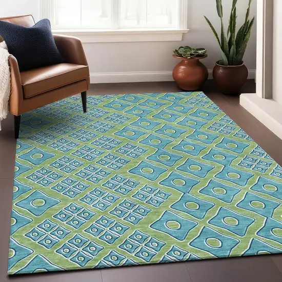 Artichoke Green And Aqua Geometric Washable Indoor Outdoor Area Rug Photo 9