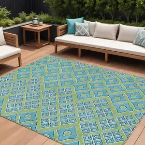Photo of Artichoke Green And Aqua Geometric Washable Indoor Outdoor Area Rug