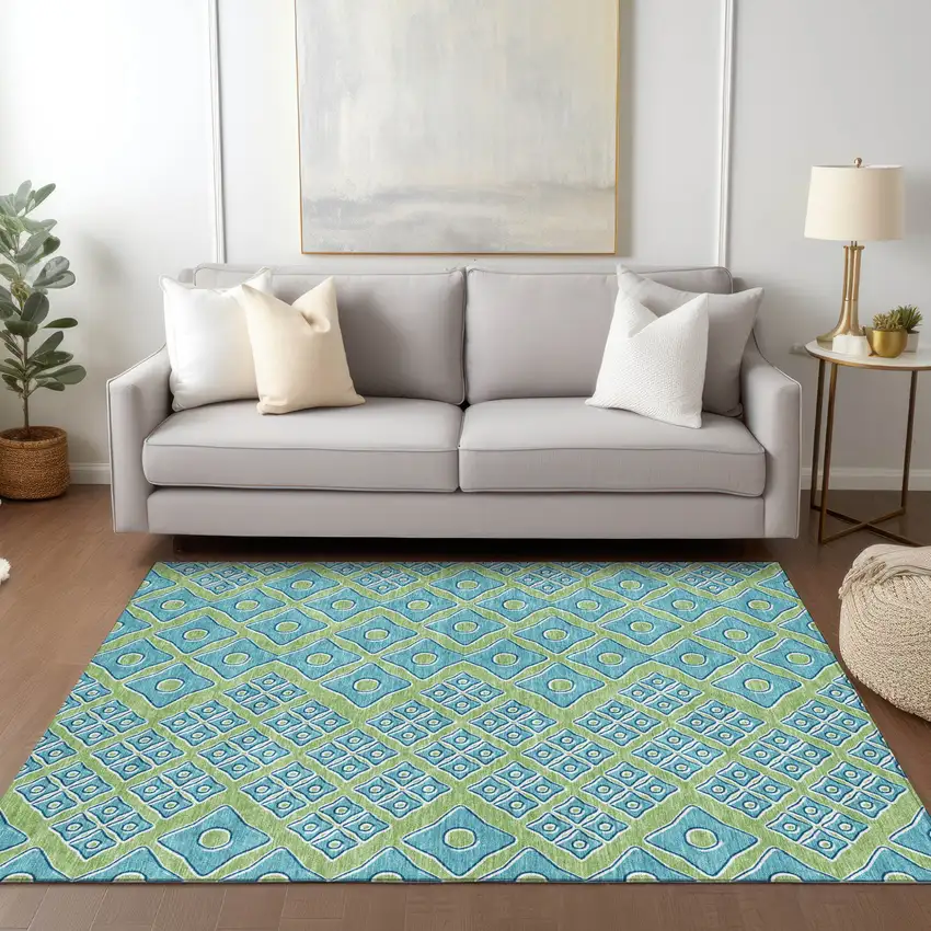 Artichoke Green And Aqua Geometric Washable Indoor Outdoor Area Rug Photo 9