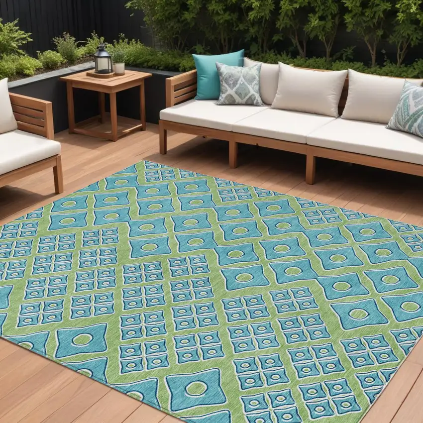 Artichoke Green And Aqua Geometric Washable Indoor Outdoor Area Rug Photo 1