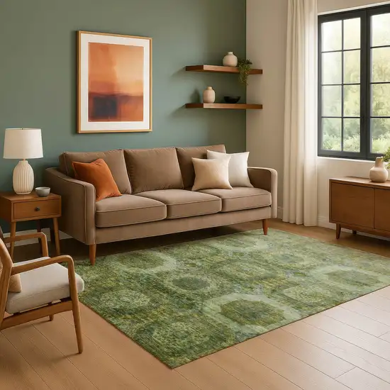 Artichoke Green And Beige Abstract Geometric Washable Area Rug With UV Protection Photo 6