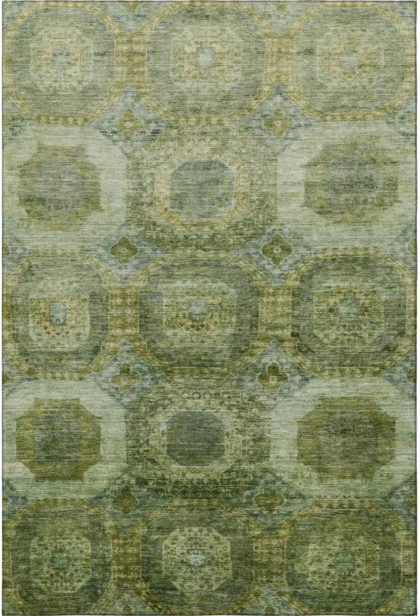 Artichoke Green And Beige Abstract Geometric Washable Area Rug With UV Protection Photo 4
