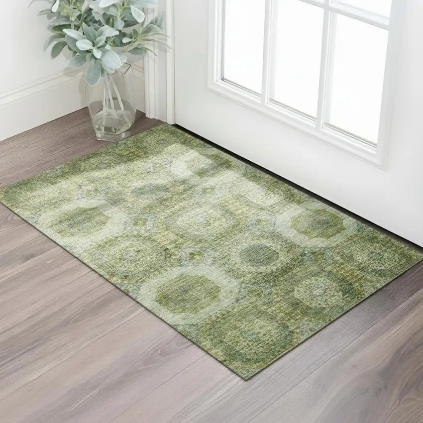 Artichoke Green And Beige Abstract Geometric Washable Area Rug With UV Protection Photo 2