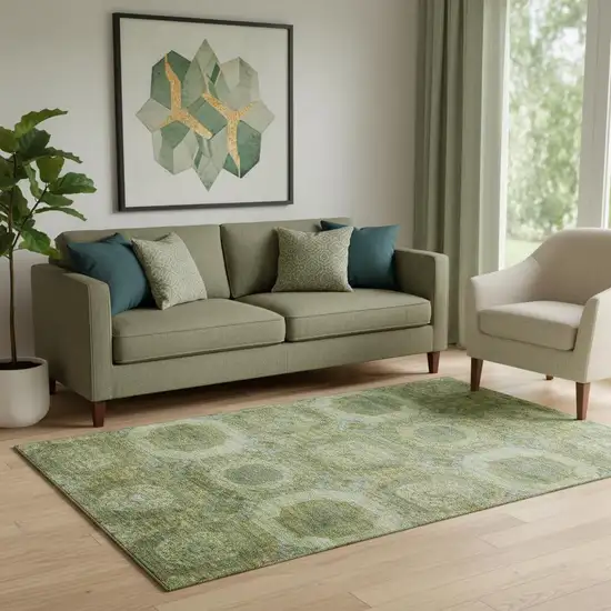 Artichoke Green And Beige Abstract Geometric Washable Area Rug With UV Protection Photo 2