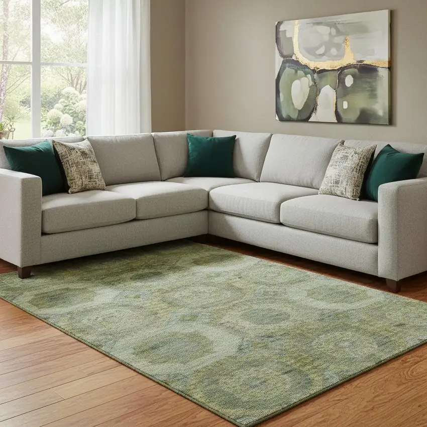 Artichoke Green And Beige Abstract Geometric Washable Area Rug With UV Protection Photo 2