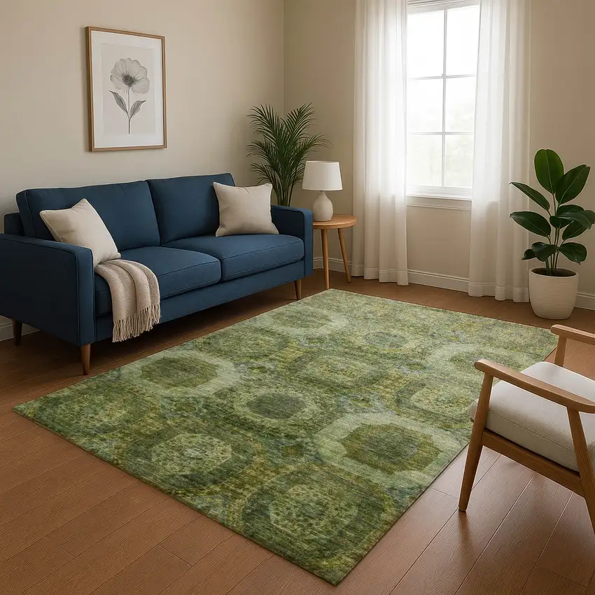 Artichoke Green And Beige Abstract Geometric Washable Area Rug With UV Protection Photo 5
