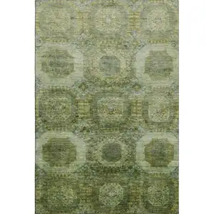 Photo of Artichoke Green And Beige Abstract Geometric Washable Area Rug With UV Protection