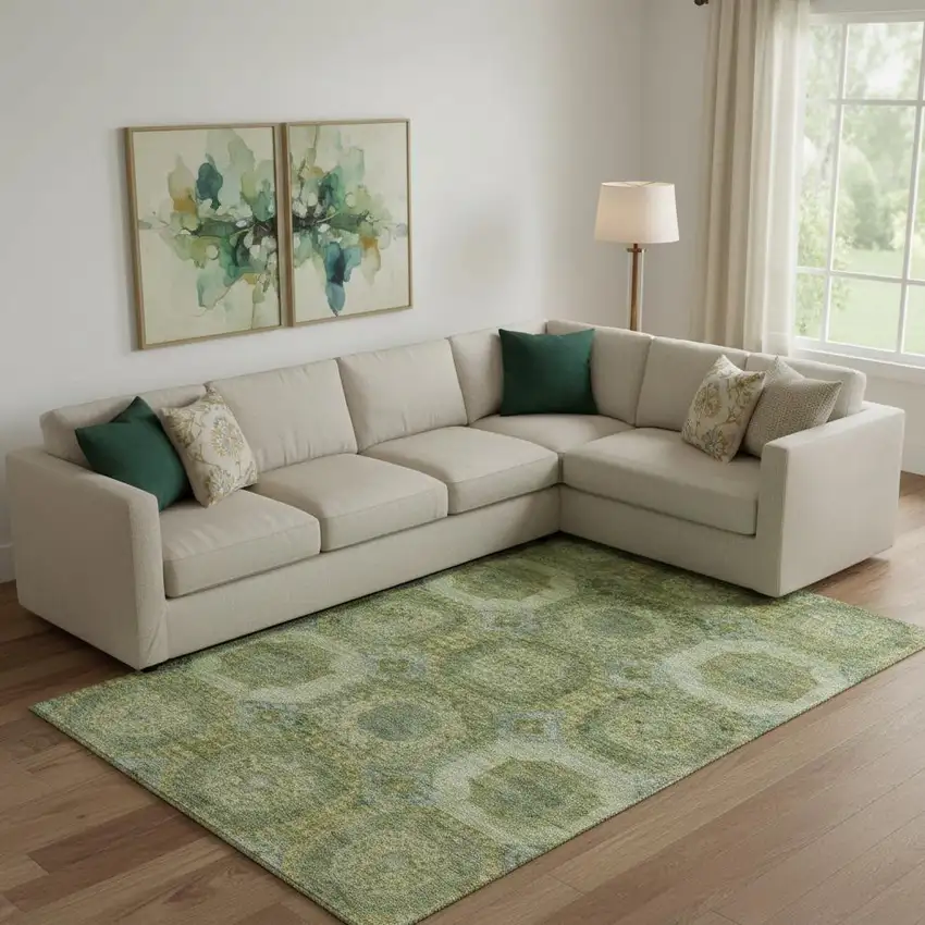 Artichoke Green And Beige Abstract Geometric Washable Area Rug With UV Protection Photo 2