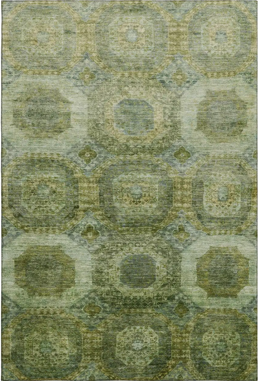 Artichoke Green And Beige Abstract Geometric Washable Area Rug With UV Protection Photo 1