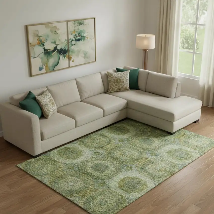 Artichoke Green And Beige Abstract Geometric Washable Area Rug With UV Protection Photo 2