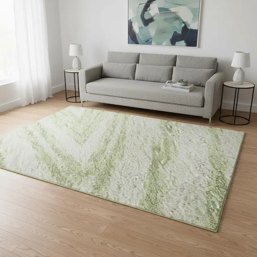 Artichoke Green And Beige Abstract Washable Area Rug With UV Protection Photo 2