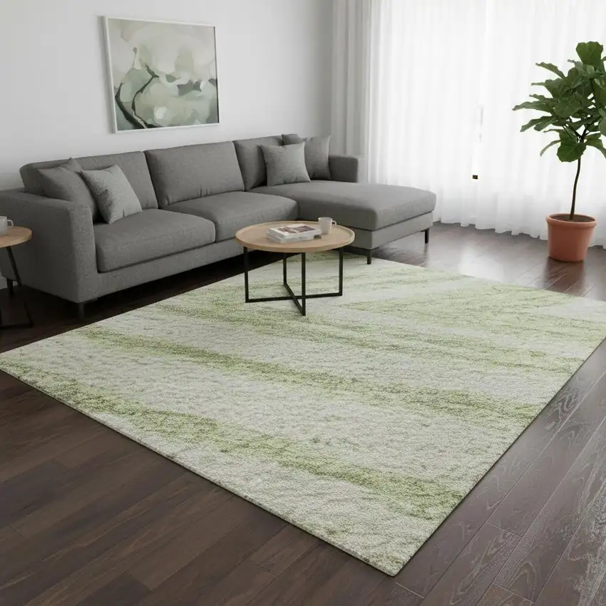 Artichoke Green And Beige Abstract Washable Area Rug With UV Protection Photo 2