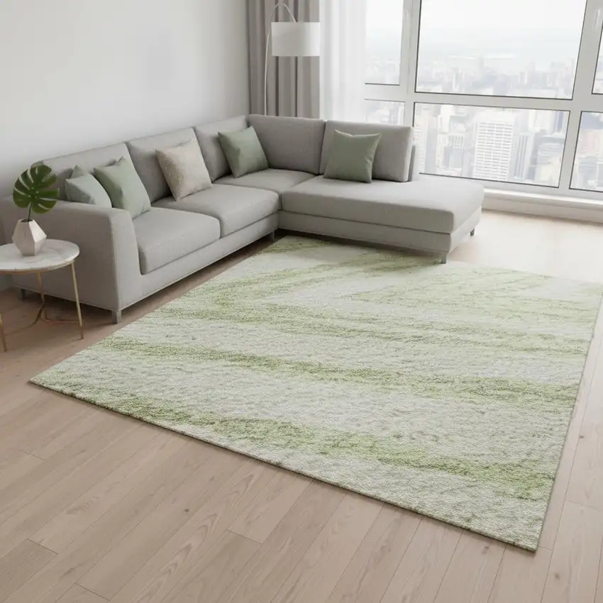 Artichoke Green And Beige Abstract Washable Area Rug With UV Protection Photo 2