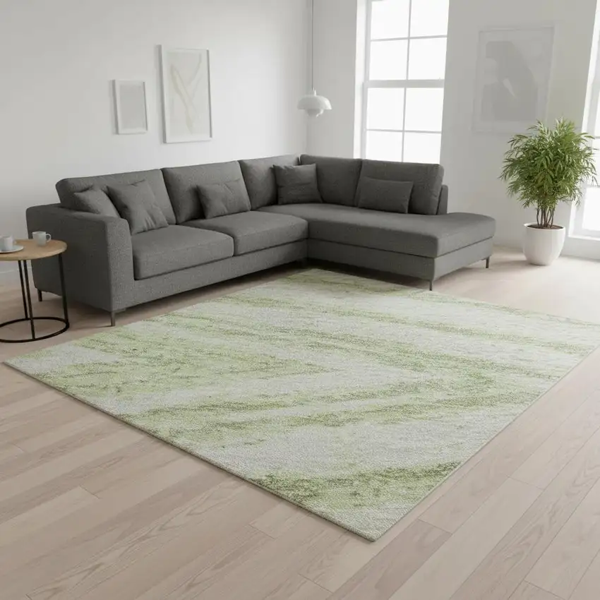 Artichoke Green And Beige Abstract Washable Area Rug With UV Protection Photo 2