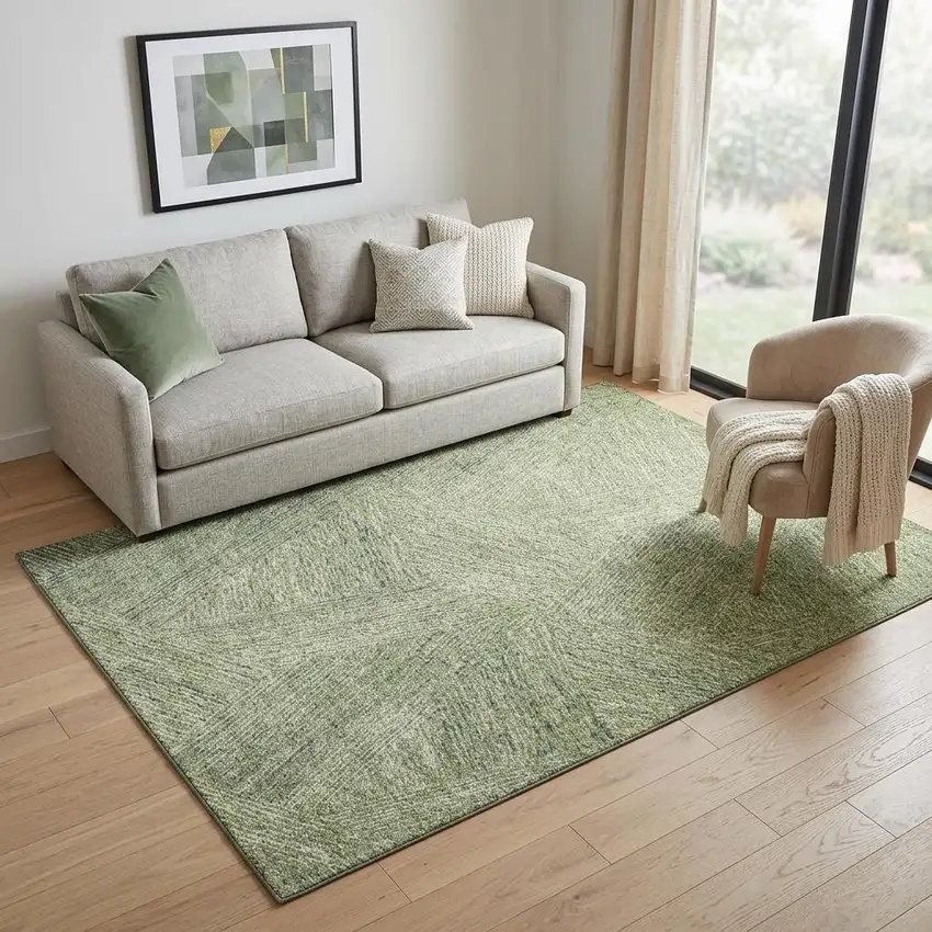 Artichoke Green And Beige Abstract Washable Area Rug With UV Protection Photo 1
