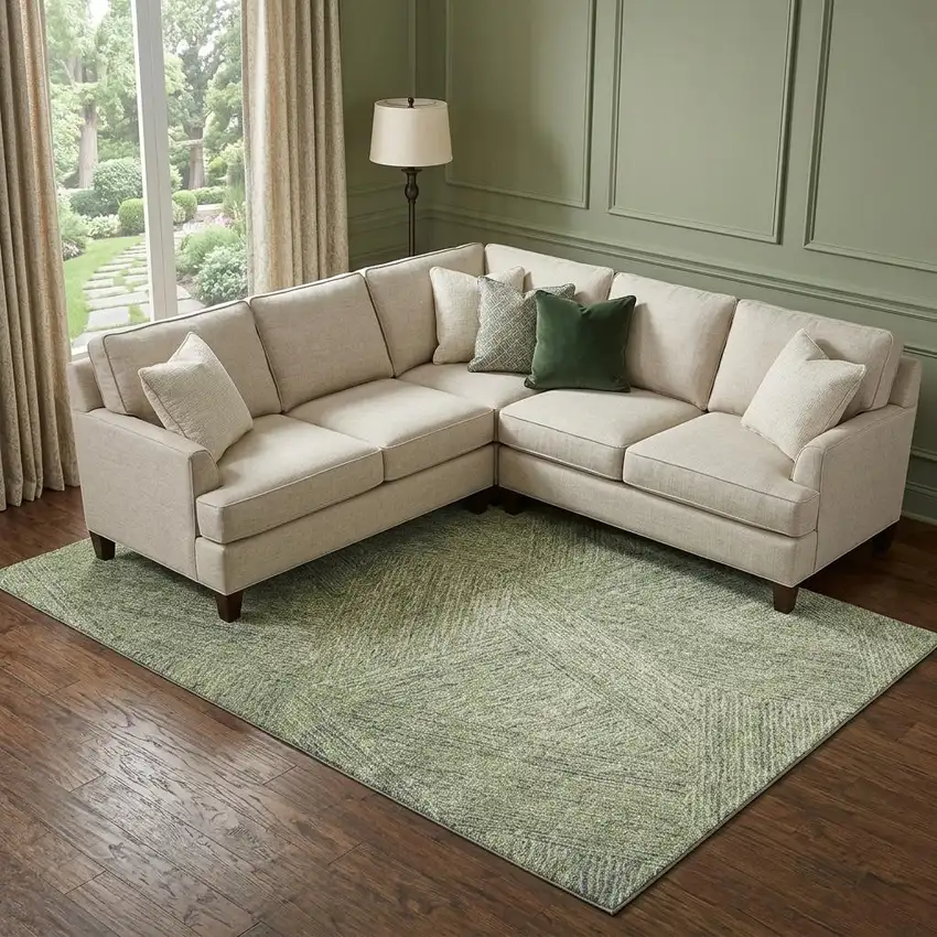 Artichoke Green And Beige Abstract Washable Area Rug With UV Protection Photo 1