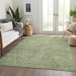 Photo of Artichoke Green And Beige Abstract Washable Area Rug With UV Protection