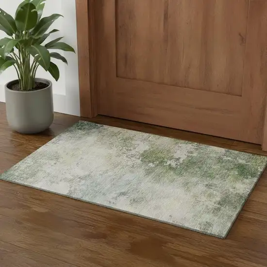 Artichoke Green And Beige Abstract Washable Area Rug With UV Protection Photo 1