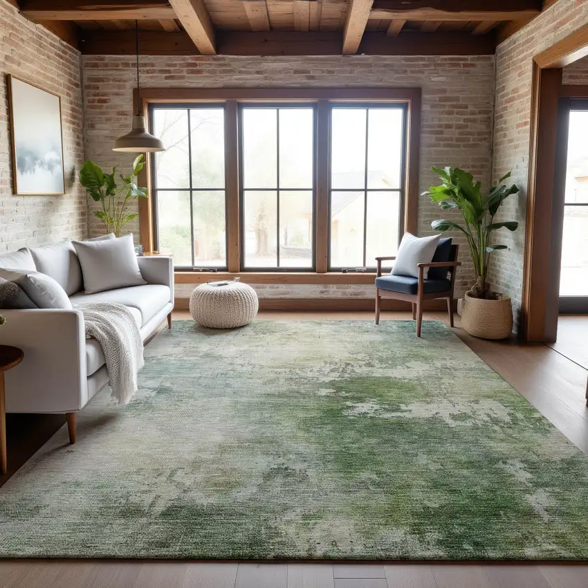 Artichoke Green And Beige Abstract Washable Area Rug With UV Protection Photo 4